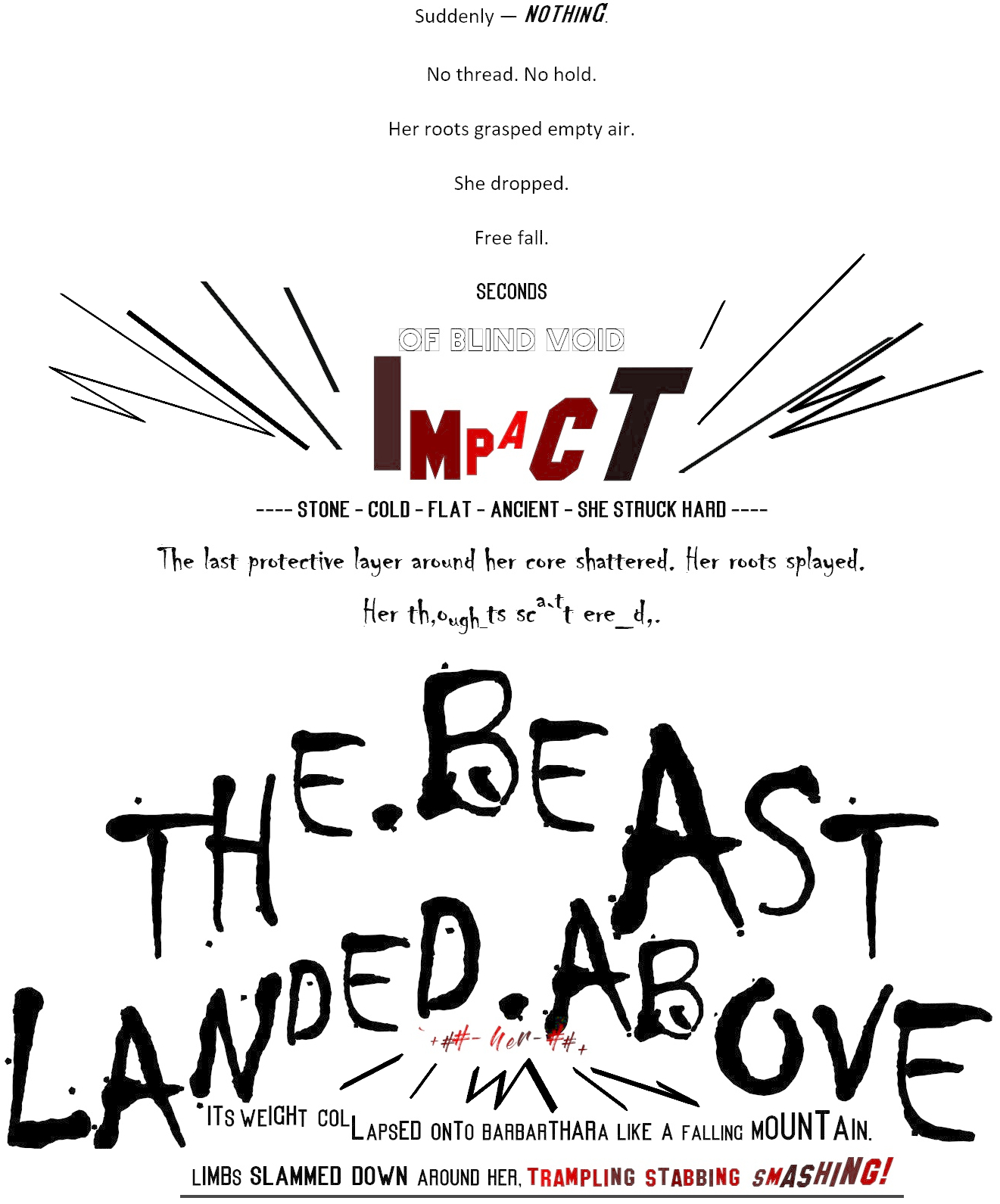 Image presenting a part of the text: About Barbarthara falling and the beast landing atop of her.